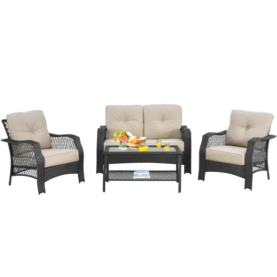 Costway 4PCS Patio Wicker Furniture Set Loveseat Sofa Coffee Table W/ Cushion {2}