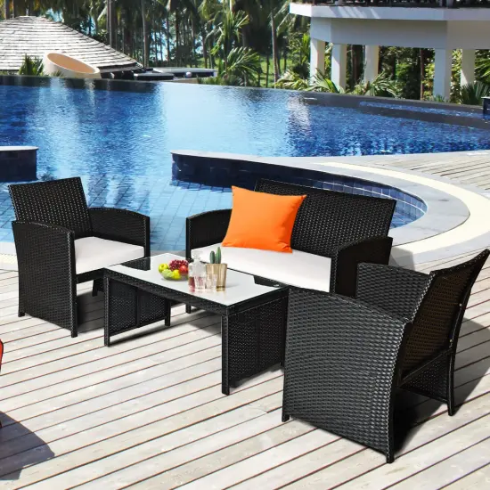 Costway 4PCS Outdoor Patio Rattan Furniture Conversation Set Cushioned Sofa Coffee Table {1}