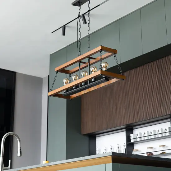 Vintage Industrial Style Wooden Rectangle 5 Bulb Ceiling Hanging Light Fixture, Brown Decorative Chandelier {5}