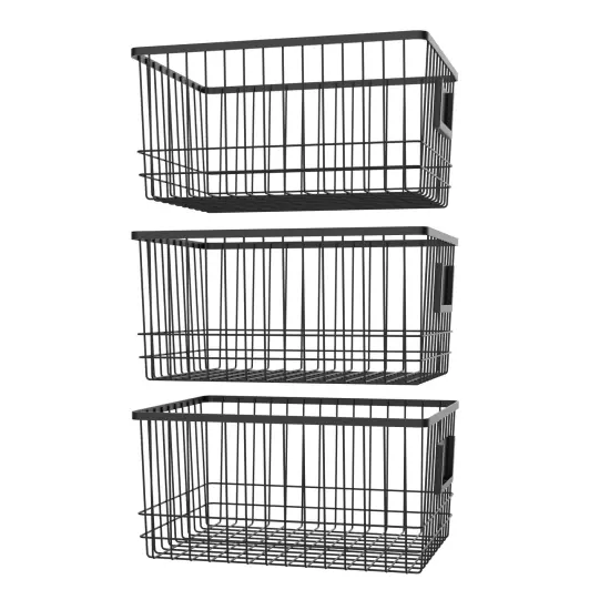 Oceanstar Metal Wire Organizer Bin Basket with Card Holder, Set of 3, Black {5}