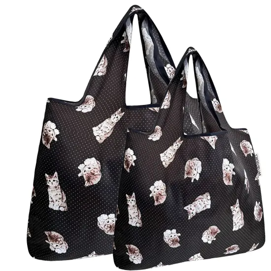 Wrapables Large & Small Foldable Tote Nylon Reusable Grocery Bags, Set of 2 Cute Kitty {1}