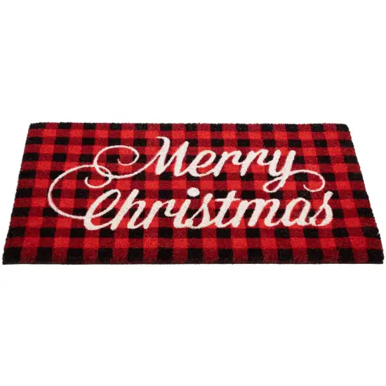 Northlight Red and Black Plaid "Merry Christmas" Natural Coir Christmas Outdoor Doormat 18" x 30" {5}