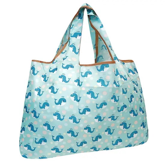 Wrapables Large Foldable Tote Nylon Reusable Grocery Bags Blue Whales {1}