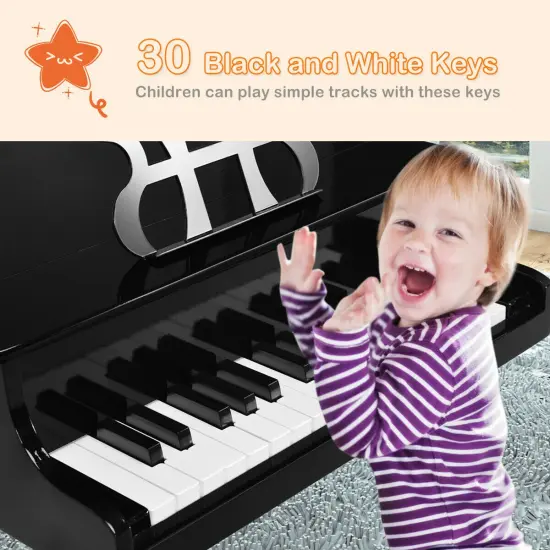 30-Key Wood Toy Kids Grand Piano with Bench and Music Rack Black {5}