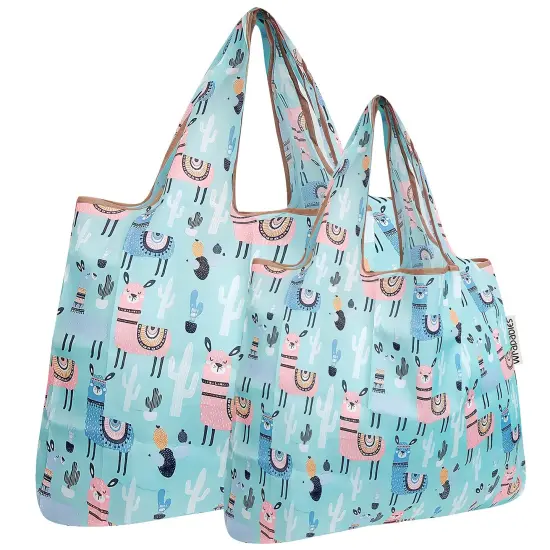 Wrapables Large & Small Foldable Tote Nylon Reusable Grocery Bags, Set of 2 Llamas {1}