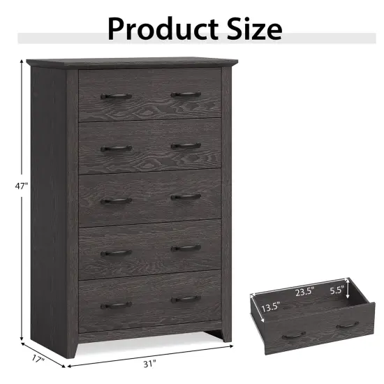 Costway 5 Drawer Chest Storage Dresser Tall Cabinet Organizer Bedroom Hallway Dark Grey/Walnut {3}