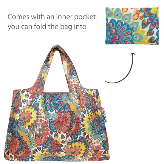 Wrapables Large & Small Foldable Tote Nylon Reusable Grocery Bags, Set of 2 Peacock {5}