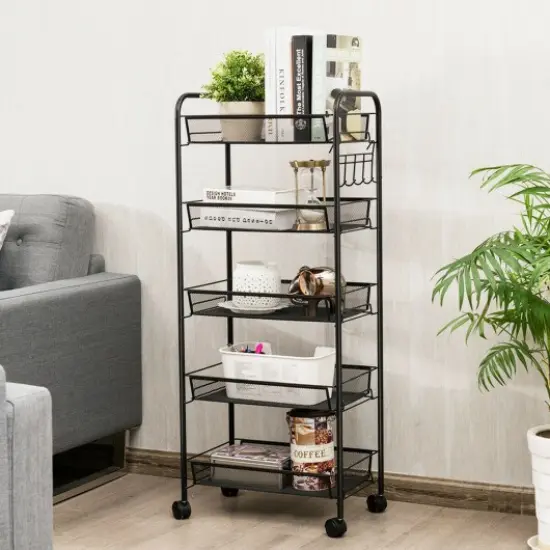 5 Tier Mesh Rolling File Utility Cart Storage Basket-Black {3}