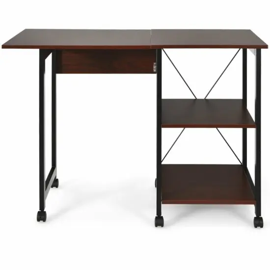 6 Universal Wheels Folding Computer Desk with 2-tier Open Storage Shelves Brown {4}