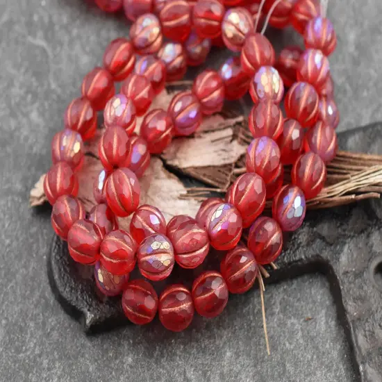 *20* 8mm Copper Washed Matte Red AB Faceted Round Melon Beads {2}