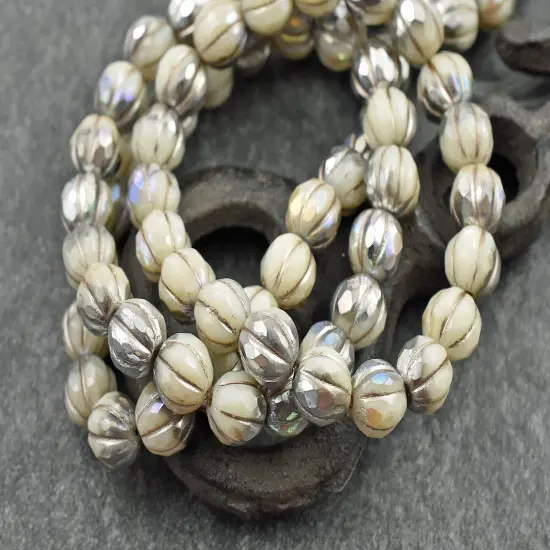 *20* 8mm Silver Washed Ivory AB Faceted Round Melon Beads {3}