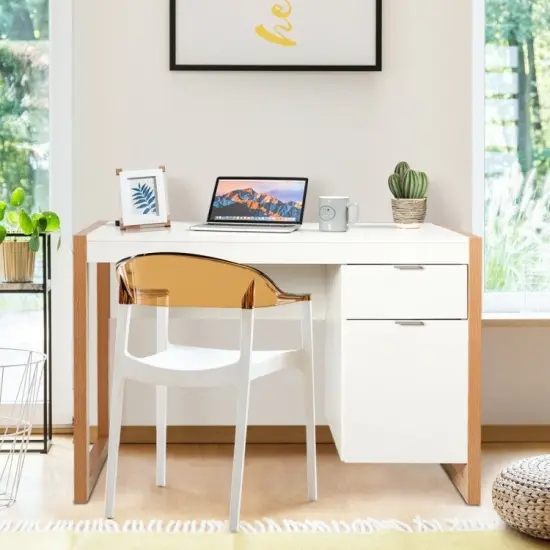 Modern Computer Desk Study Table Writing Workstation with Cabinet and Drawer-White {5}
