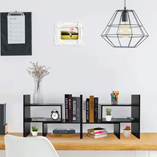Wood Adjustable Desktop Storage Organizer Display Shelf Rack, Office Supplies Desk Organizer,Black {6}