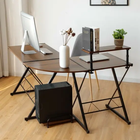 L-Shaped Desk Reversible Corner Computer Desk with Movable Shelf and CPU Stand Walnut {5}