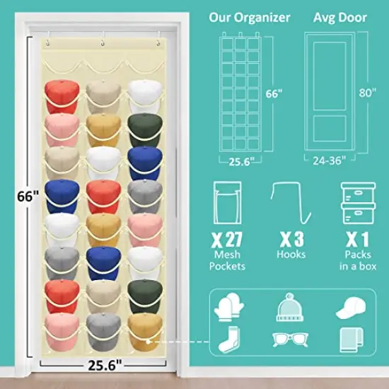 Hat Rack 27 Pockets - Hat Organizer For Baseball Cap - Hat Racks For Baseball Caps Hat Holder Hanging Over The Door Closet, Hat Storage With Large Clear Pockets & 3 Hooks For Baseball Cap& Cowboy Hat {6}