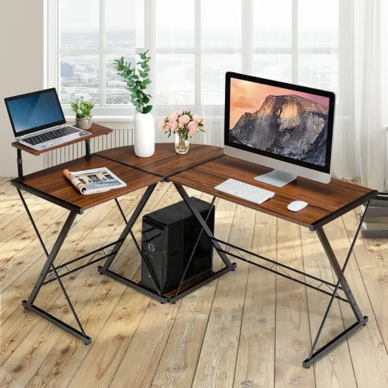 L-Shaped Desk Reversible Corner Computer Desk with Movable Shelf and CPU Stand Walnut {2}