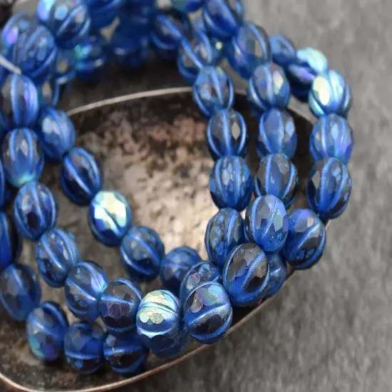 *20* 8mm Blue Washed Matte Sapphire AB Faceted Round Melon Beads {3}