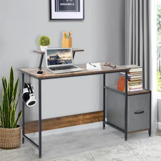 Computer Desk with Reversible Storage Drawer and Moveable Shelf-Brown {2}