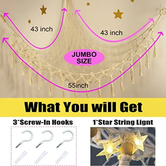 Stuffed Animal Toy Storage Hammock with LED Light-Macrame Jumbo Doll Room Corner Organizer Mesh Decoration-Hanging Storage Nets Kids Bedroom, (X-Large Size) {1}