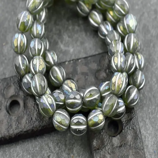 *20* 8mm Silver Washed Matte Peridot AB Faceted Round Melon Beads {3}