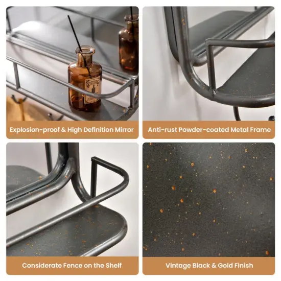 Wall Bathroom Mirror with Shelf Hooks Sturdy Metal Frame for Bedroom Living Room {4}