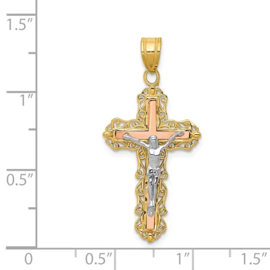 14K Tri-Color Gold Diamond Cut Crucifix Pendant Charm Jewelry 35 x 16 mm {2}