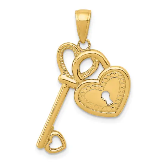14K Gold Heart Key & Lock Pendant Charm Jewelry 30 x 17 mm {1}