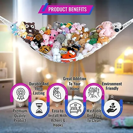 Large Stuffed Animal Net Hammock for Plushie Toys | Corner Hanging Organizer for your Teddy and Stuffy Collection | Easy to Hang w/Included Anchors & Hooks (White) {1}