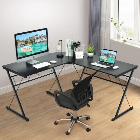 59 Inches L-Shaped Corner Desk Computer Table for Home Office Study Workstation Black {2}