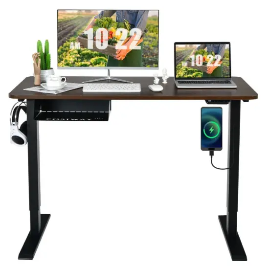 48-inch Electric Height Adjustable Standing Computer Workstation with USB Port and Hanging Hook Rustic Brown {7}