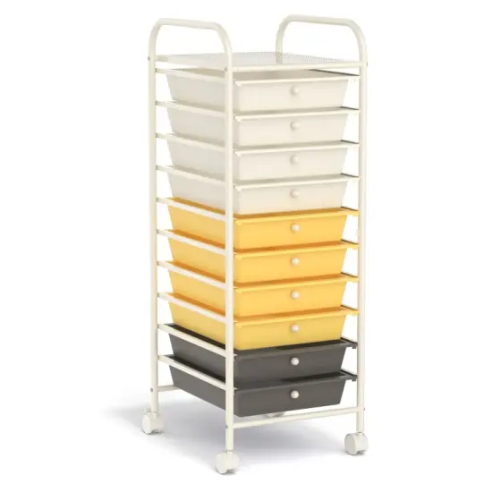 10-Drawer Rolling Storage Cart with Lockable Wheels and Steel Frame for Home or Office Use Yellow {10}