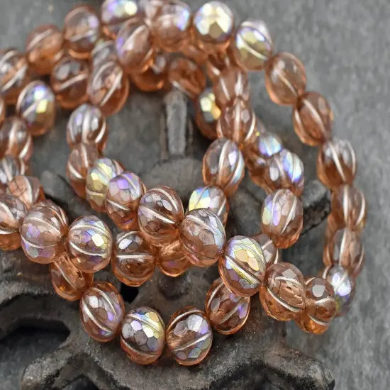 *20* 8mm Metallic Beige Washed Matte Peach AB Faceted Round Melon Beads {5}