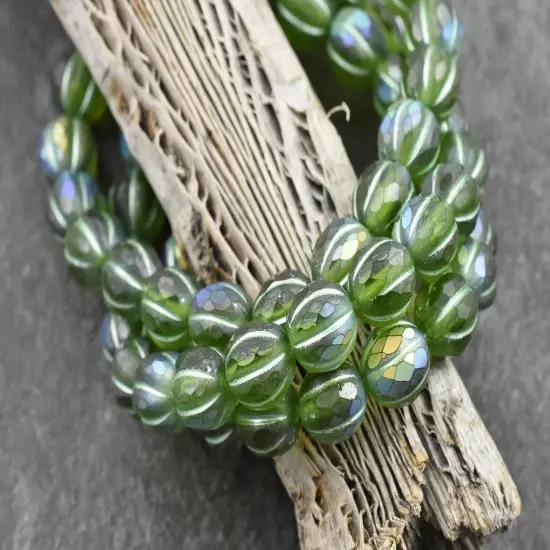 *20* 8mm Metallic Green Washed Matte Peridot AB Faceted Round Melon Beads {1}
