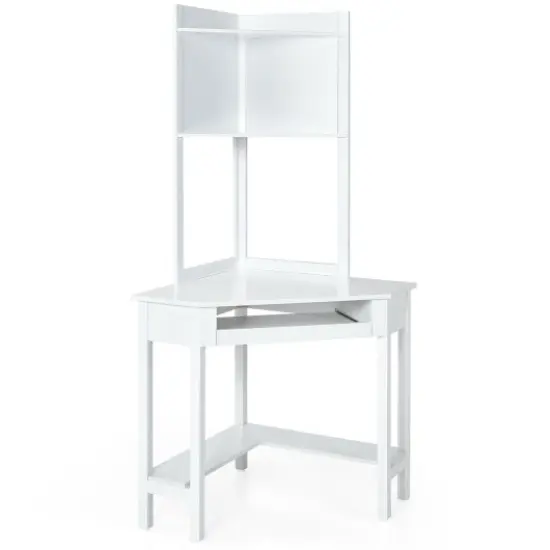Triangle Corner Computer Desk with Open Hutch and Storage Shelves Ideal Choice for Any Room White {1}