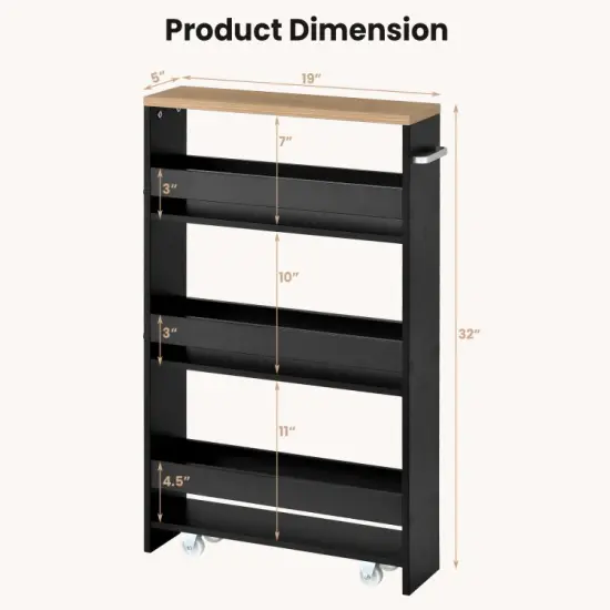 Mobile Rolling Cart with 3-Tier Storage Shelves Rack on Wheels for Kitchen or Bathroom Black {5}