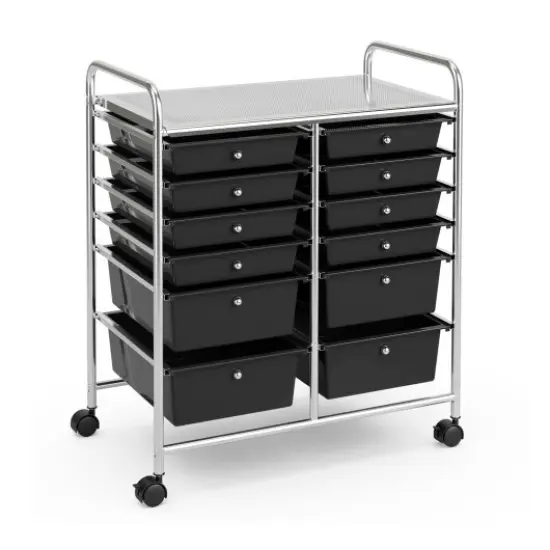 Mobile 12-Drawer Storage Organizer Cart with Ventilated Top Locking Wheels and Sturdy Frame Black {1}