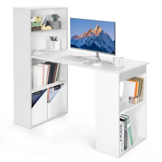 48" Computer Writing Desk with Bookshelf with Storage Shelves for Home Office Study Room White {1}