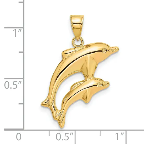 14K Gold Jumping Double Dolphin Charm Ocean Pendant Jewerly 24mm x 18mm {3}