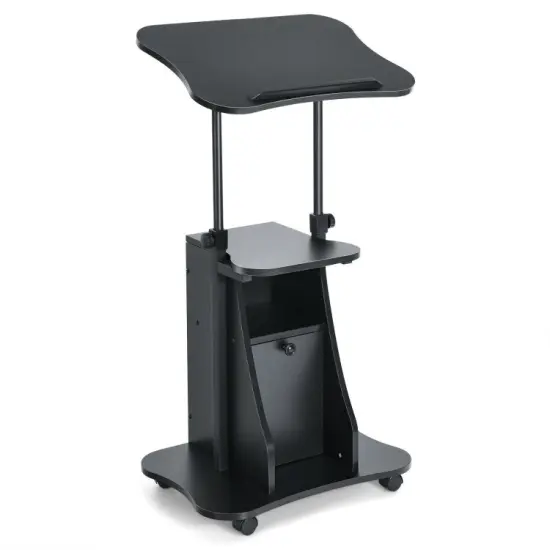 Adjustable Mobile Standing Desk Cart with Tilt Desktop and Cabinet-Black {1}