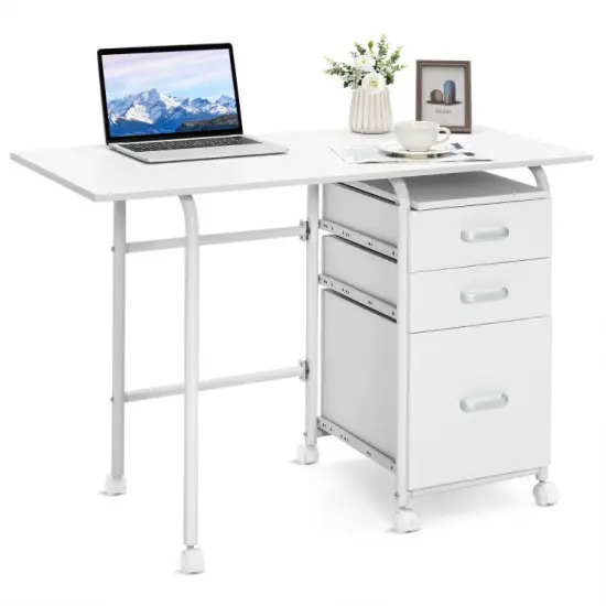 Folding Computer Laptop Desk Wheeled Home Office Furniture White {6}