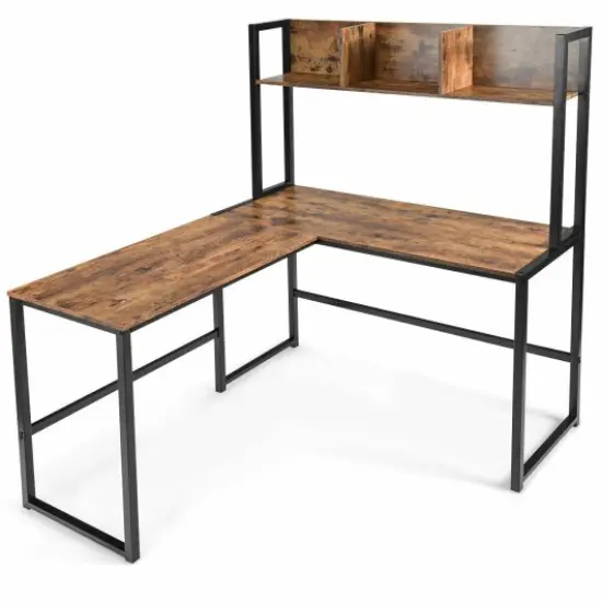 Reversible L-Shaped Corner Desk with Storage Bookshelf and Open Storage Hutch Dark Brown {7}