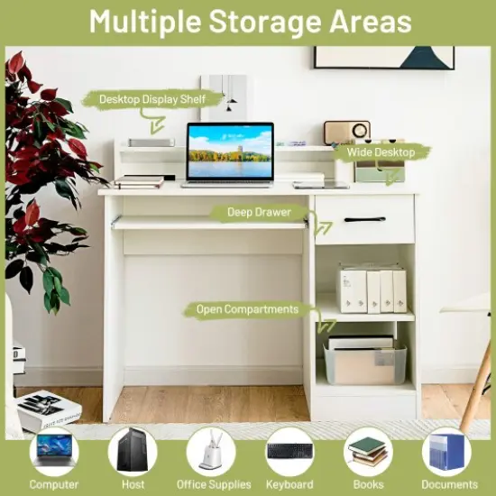 Modern Computer Desk with Large Drawer Pull-Out Keyboard Tray and Multi-Level Storage Shelf White {3}