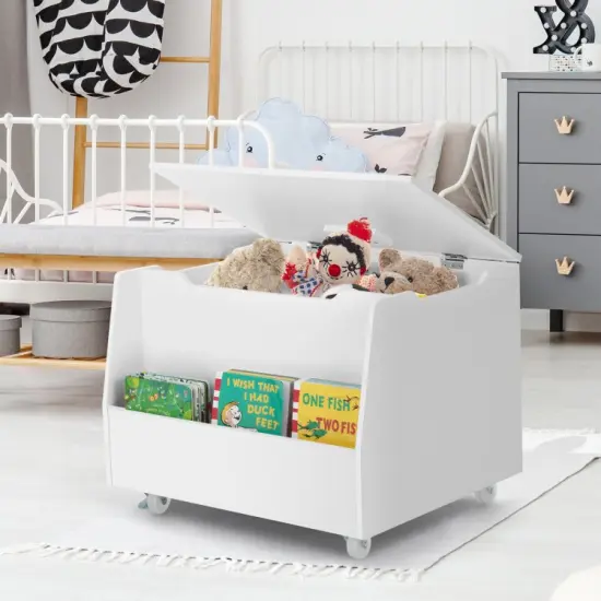 Wooden Mobile Toy Storage Organizer with Bookshelf and Lockable Wheels-White {5}
