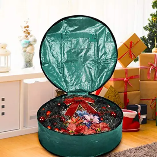 Christmas Wreath Storage Bag 24" - Garland Holiday Container with Tear Resistant Material - Featuring Heavy Duty Handles and Transparent Card Slot - (Green) {3}