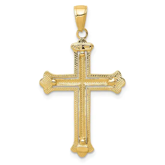 14K Gold Two Tone White Cross In Budded Yellow Cross Frame Pendant Charm Jewelry {3}