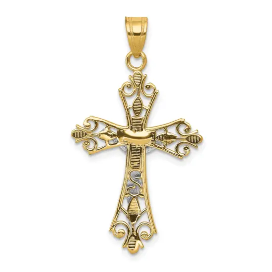 14K Two Tone Gold Diamond Cut Crucifix Pendant Charm Jewelry 35 x 20 mm {3}