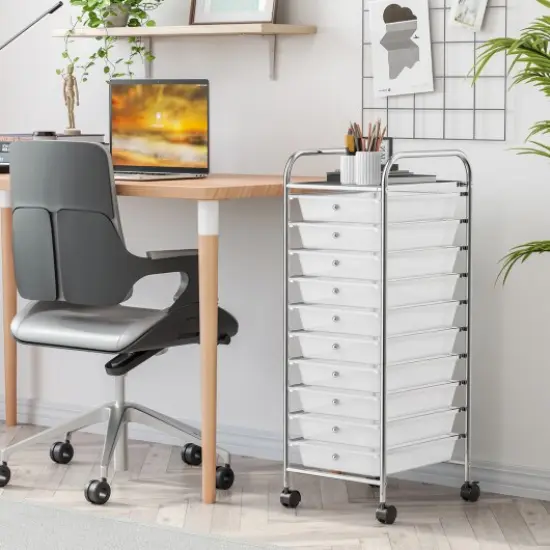10-Drawer Rolling Storage Cart with Lockable Wheels and Steel Frame for Home or Office Use Transparent {2}