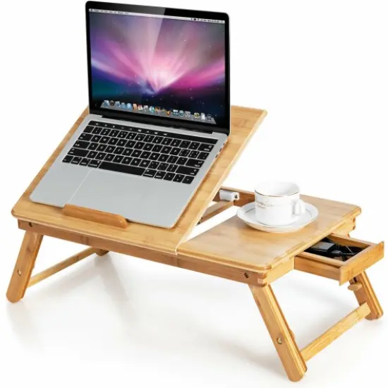 Wicker Laptop Lap Tray with Adjustable Legs and Tilting Heat-dissipation Top- Natural {1}