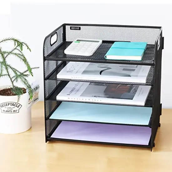 5 Trays Paper Organizer with Handle - Mesh Desk File/Letter Organizer,Black Paper Sorter for Office, Home or School {3}