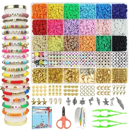 Redtwo 5100 Clay Beads Bracelet Making Kit, Flat Preppy Beads for Friendship Jewelry Making,Polymer Heishi Beads with Charms Gifts for Teen Girls Crafts for Girls Ages 8-12 {1}